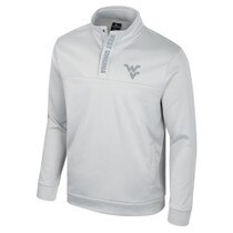 Light grey WVU quarter snap fleece pullover with a tonal Flying WV on the left chest and West Virginia down the snap placket.